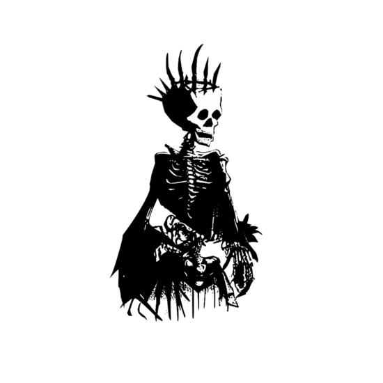 An image of Terracons logo,Black and white, skeleton in a black gown, looking down and to the right with a crown on its head. 